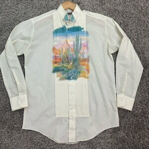 Vintage Western Shirt Med 32/33‎ Hand Painted Cactus Pintucked Band Collar 70s